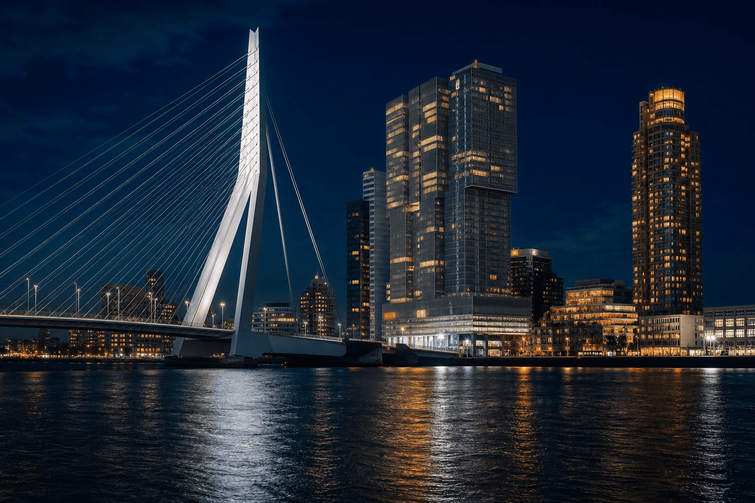 Skyline van Rotterdam bij nacht met de Erasmusbrug